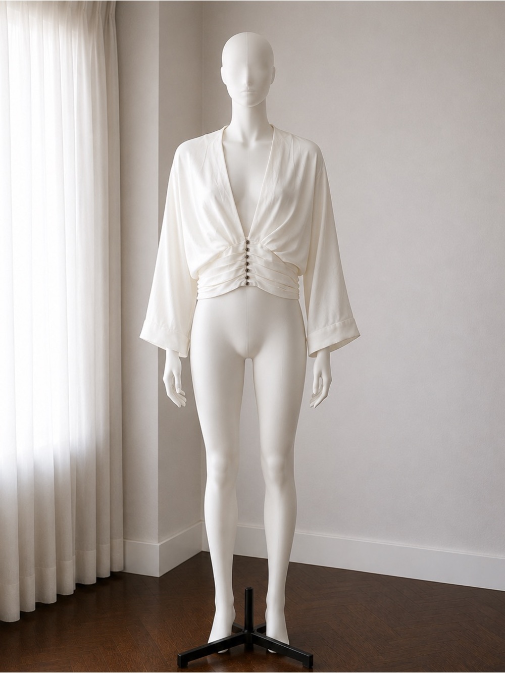 Zara Ivory deep v Button-Front cumberbund Kimono crop Top small